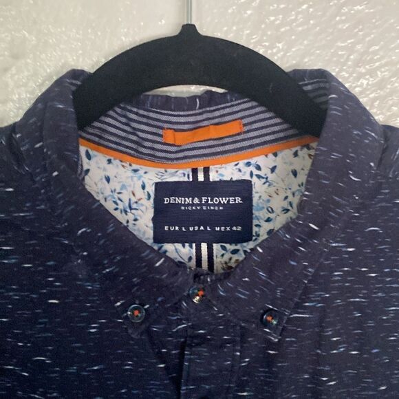 Denim & Flower Navy Blue Print Design Long Sleeve Button Down Dress Shirt - Picture 4 of 4